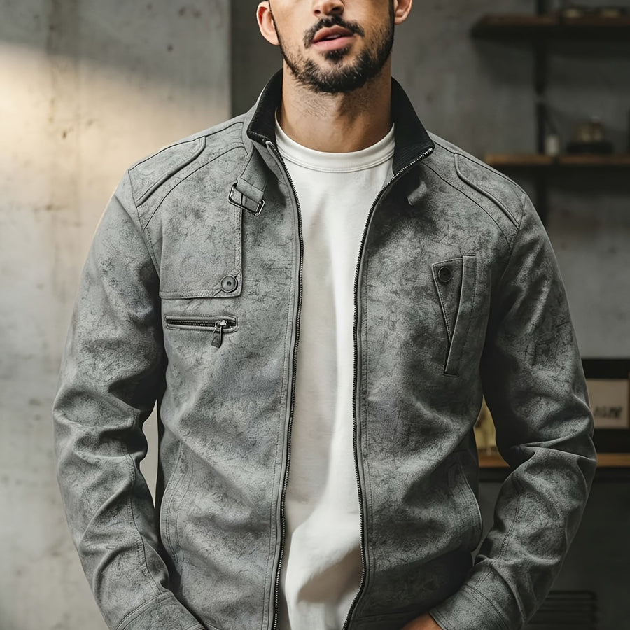 Veste, à col montant, brun, coloris gris clair, détail