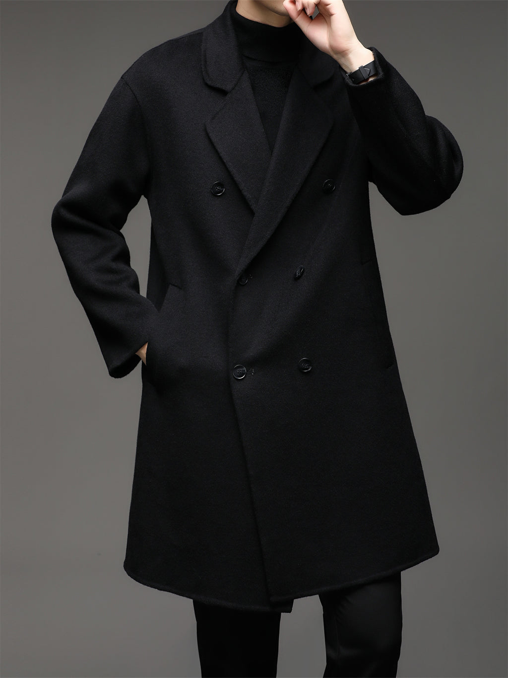 Manteau mi-long en laine pour homme, 70 % laine, col à revers