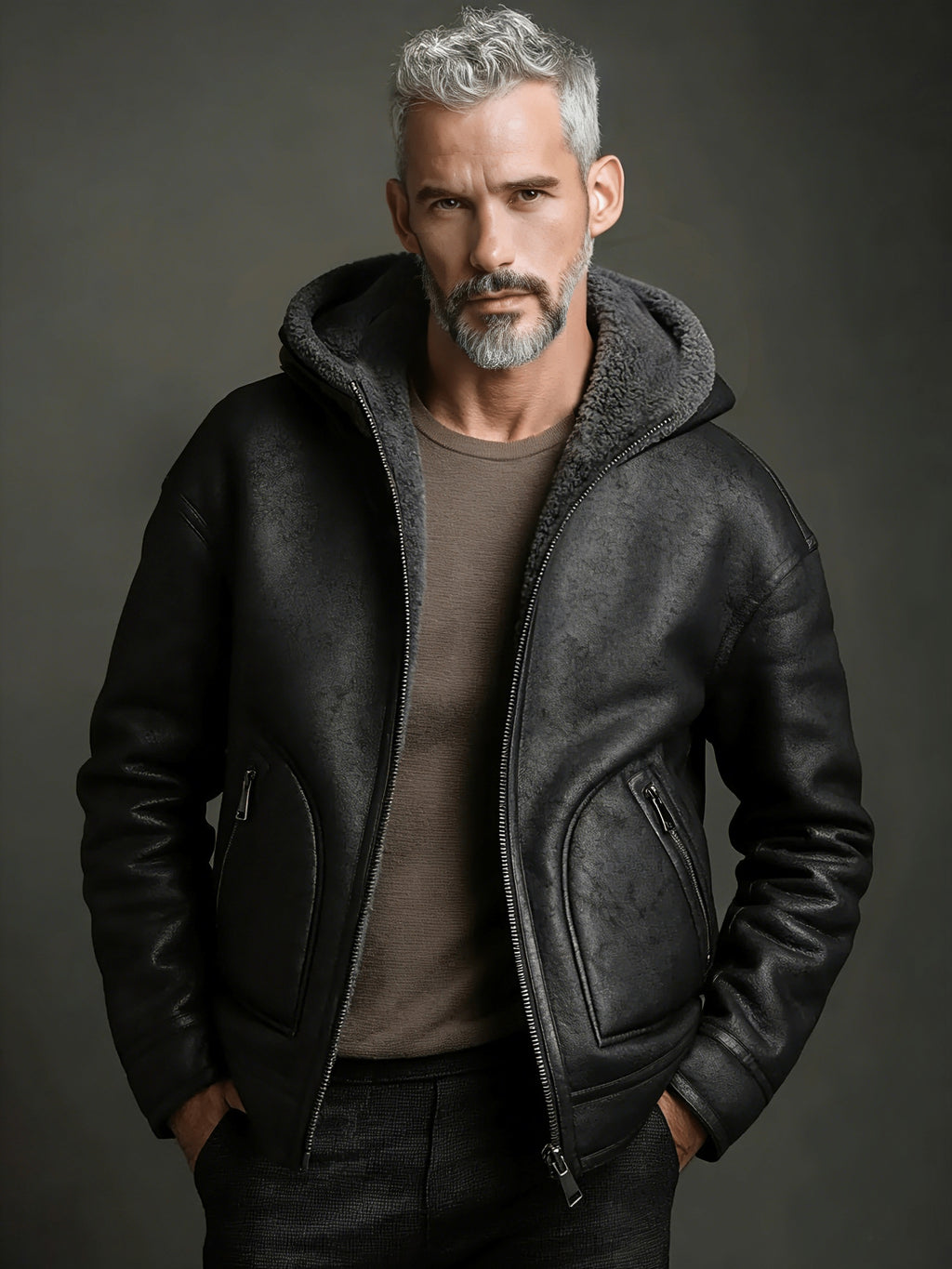 Manteau en fausse fourrure long pour homme, velours, à capuche