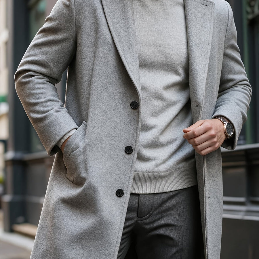 Manteau, à revers, détails bouton, coloris gris clair, détail