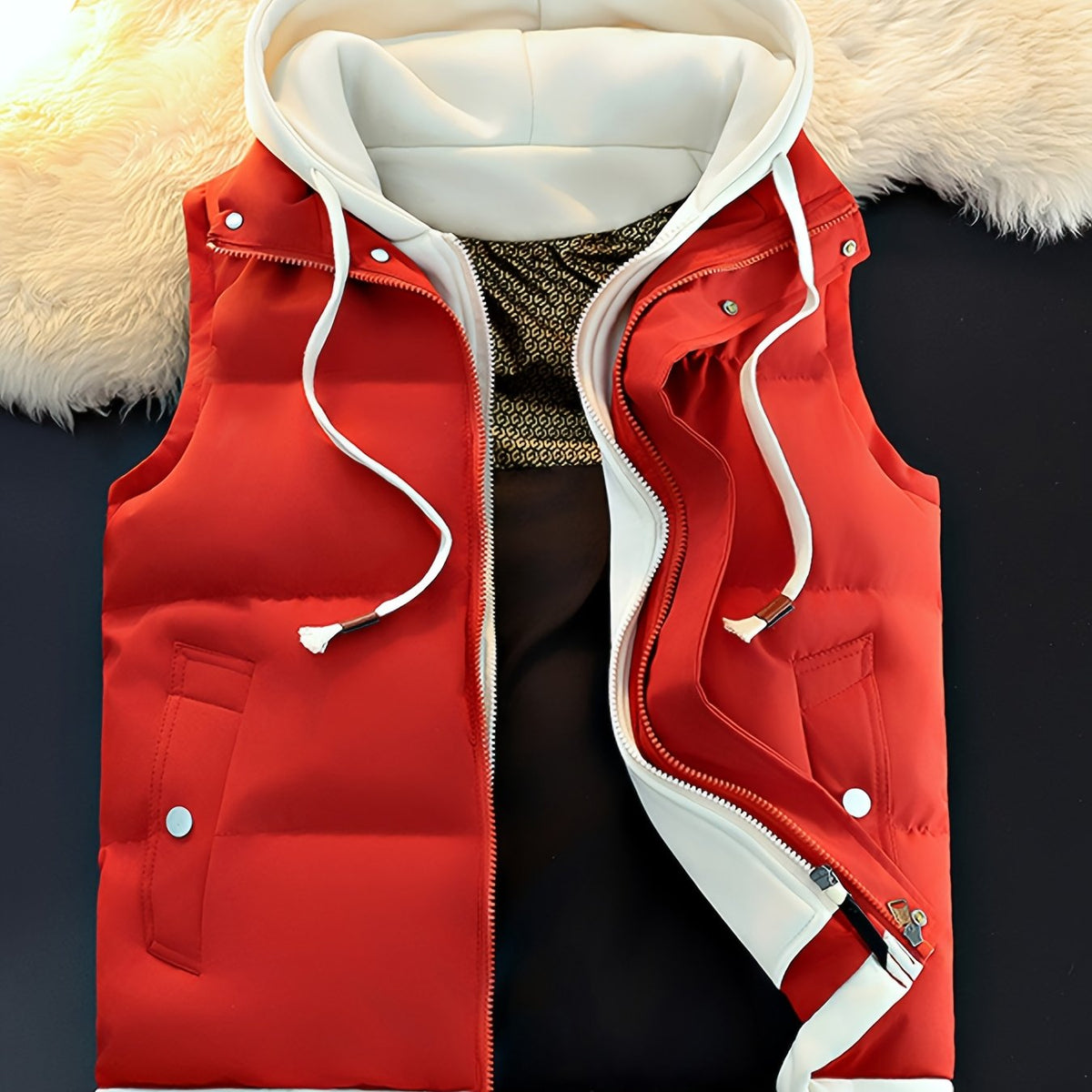 Gilet d'hiver chaud, design tendance sans manches aspect 2-en-1, capuche à cordon de serrage réglable, fermeture avant double ouverture par boutons-pression et fermeture éclair, poche de rangement pratique à insertion latérale, détails de bordu, coloris rouge Image