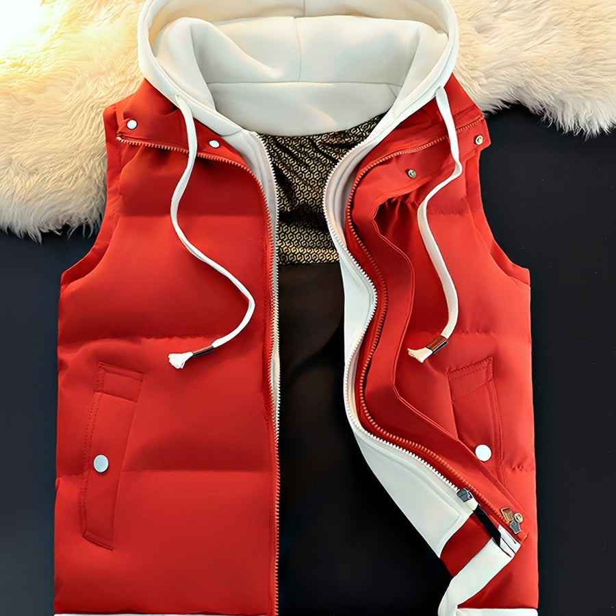 Gilet d'hiver chaud, design tendance sans manches aspect 2-en-1, capuche à cordon de serrage réglable, fermeture avant double ouverture par boutons-pression et fermeture éclair, poche de rangement pratique à insertion latérale, détails de bordu, coloris rouge