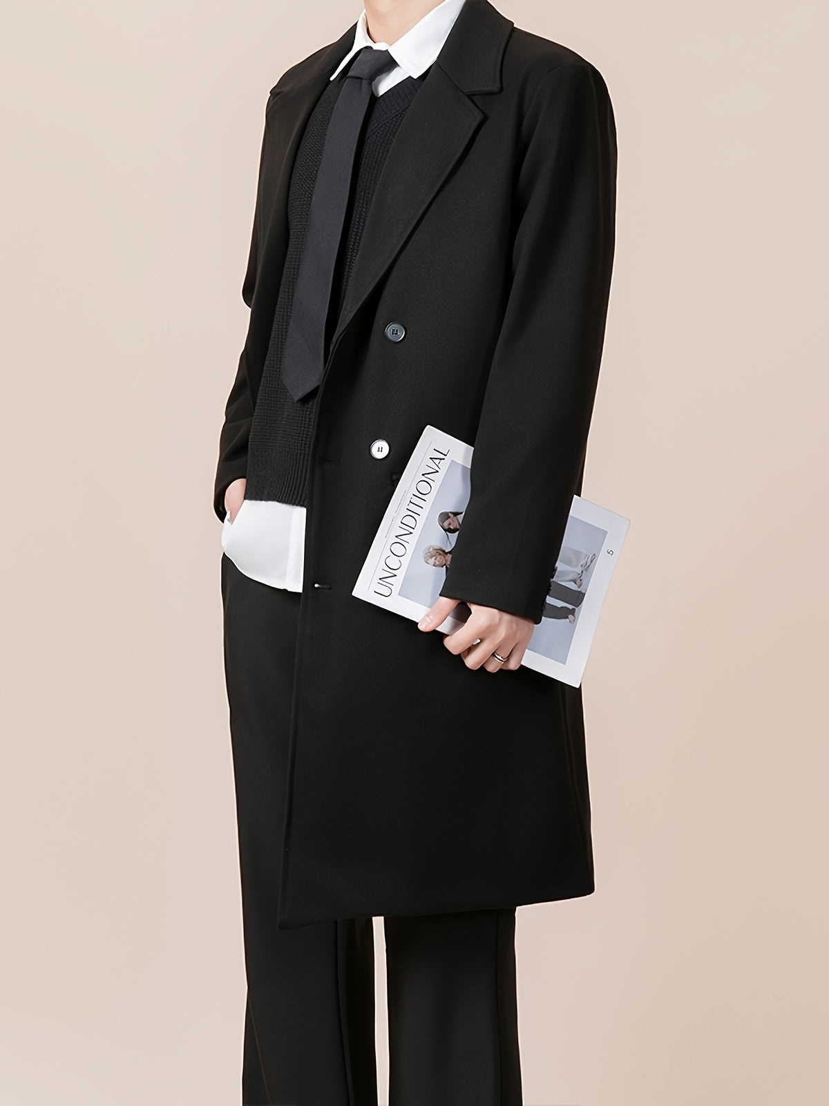 Trench pour homme, tweed, à revers, gris foncé