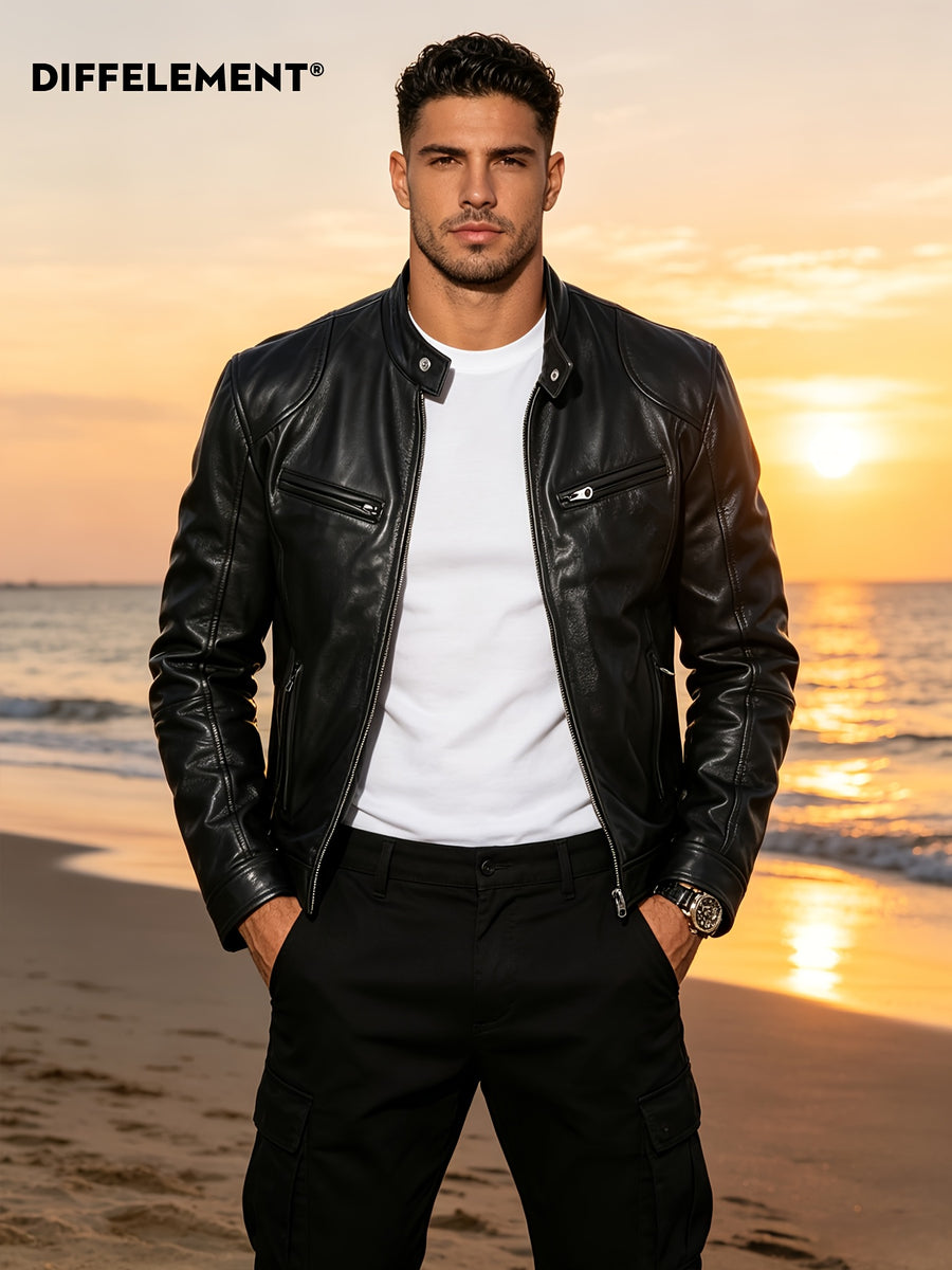 DIFFELEMENT Veste Décontractée Homme à Petit Col Montant Coupe-Vent Légère Toutes Saisons Adaptée Veste de Moto Tissu Doux et Lisse Double Fermeture Éclair Multi-Boutons Conception de Poche Fermeture Éclair Coupe Standard Veste Adaptée pour la Conduite Pl, photo 5