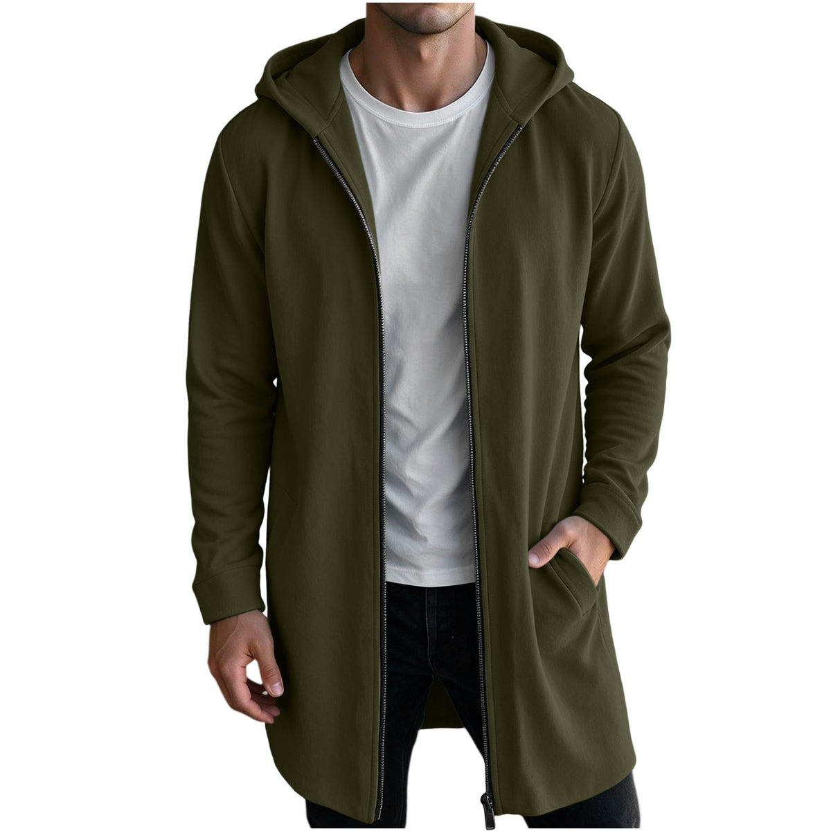 Veste long pour homme, à capuche, kaki