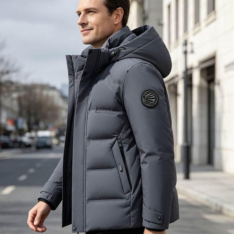 Veste matelassée, coupe-vent, à capuche, bleu vert, coloris gris, détail