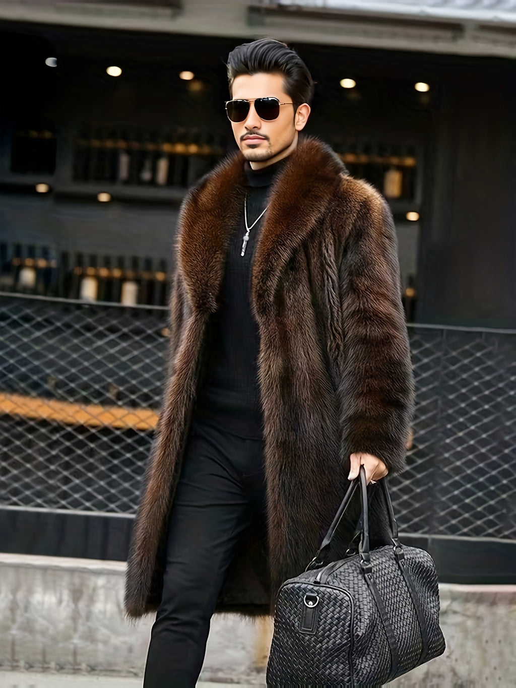Manteau en fausse fourrure mi-long, à revers, brun, détail du vêtement