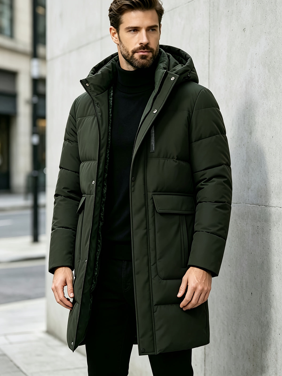 Pardessus matelassé long pour homme, à capuche