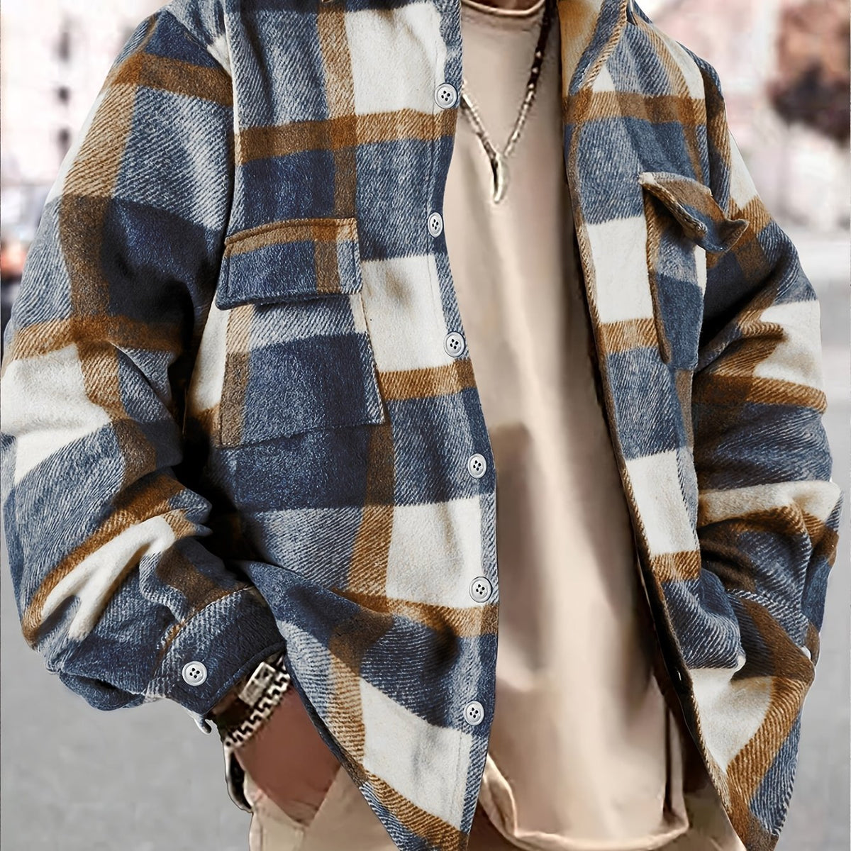 Veste long, à carreaux, à revers, coloris bleu, détail Image