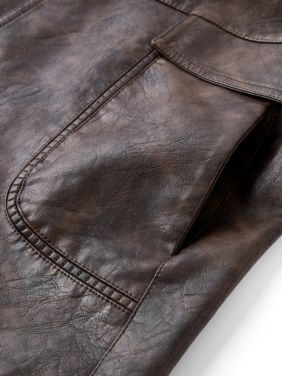 Manteau Homme Mi-Long Boutonné à Revers, Veste Rétro Facile et Décontractée en PU, photo 12