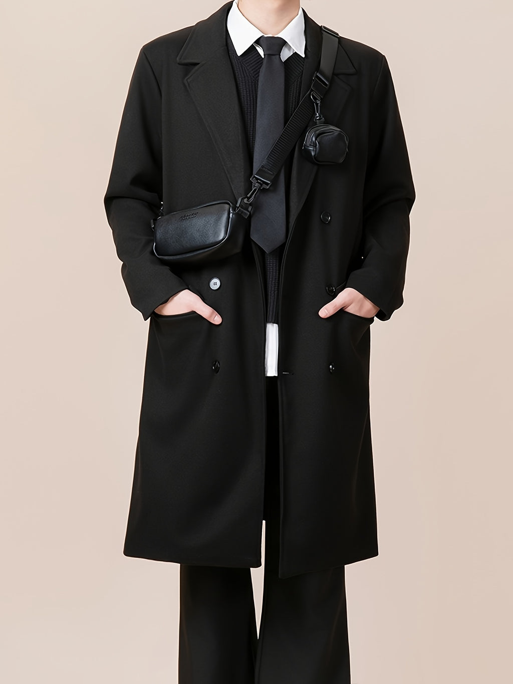 Trench pour homme, tweed, à revers, gris foncé