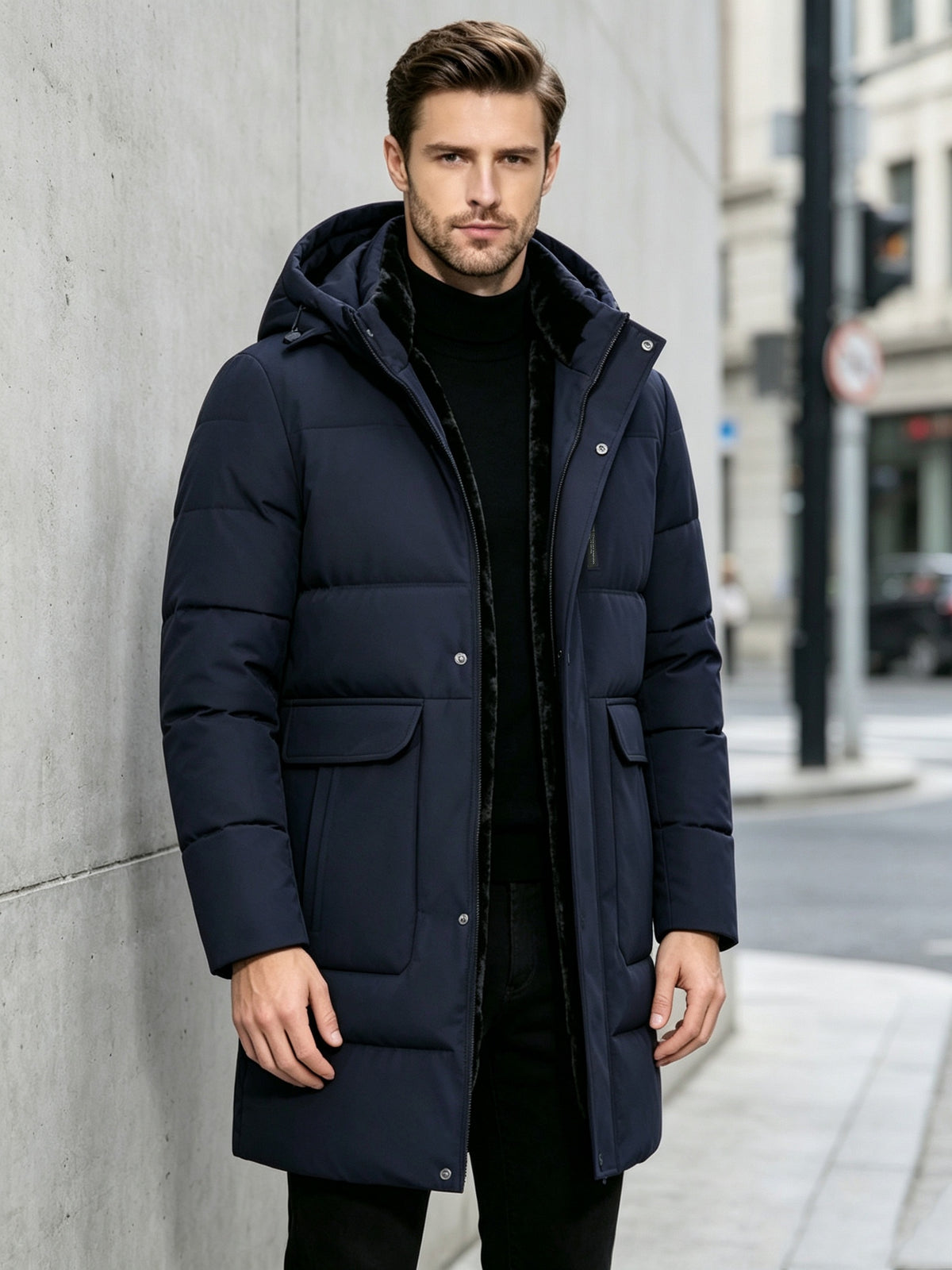 Pardessus matelassé long pour homme, à capuche