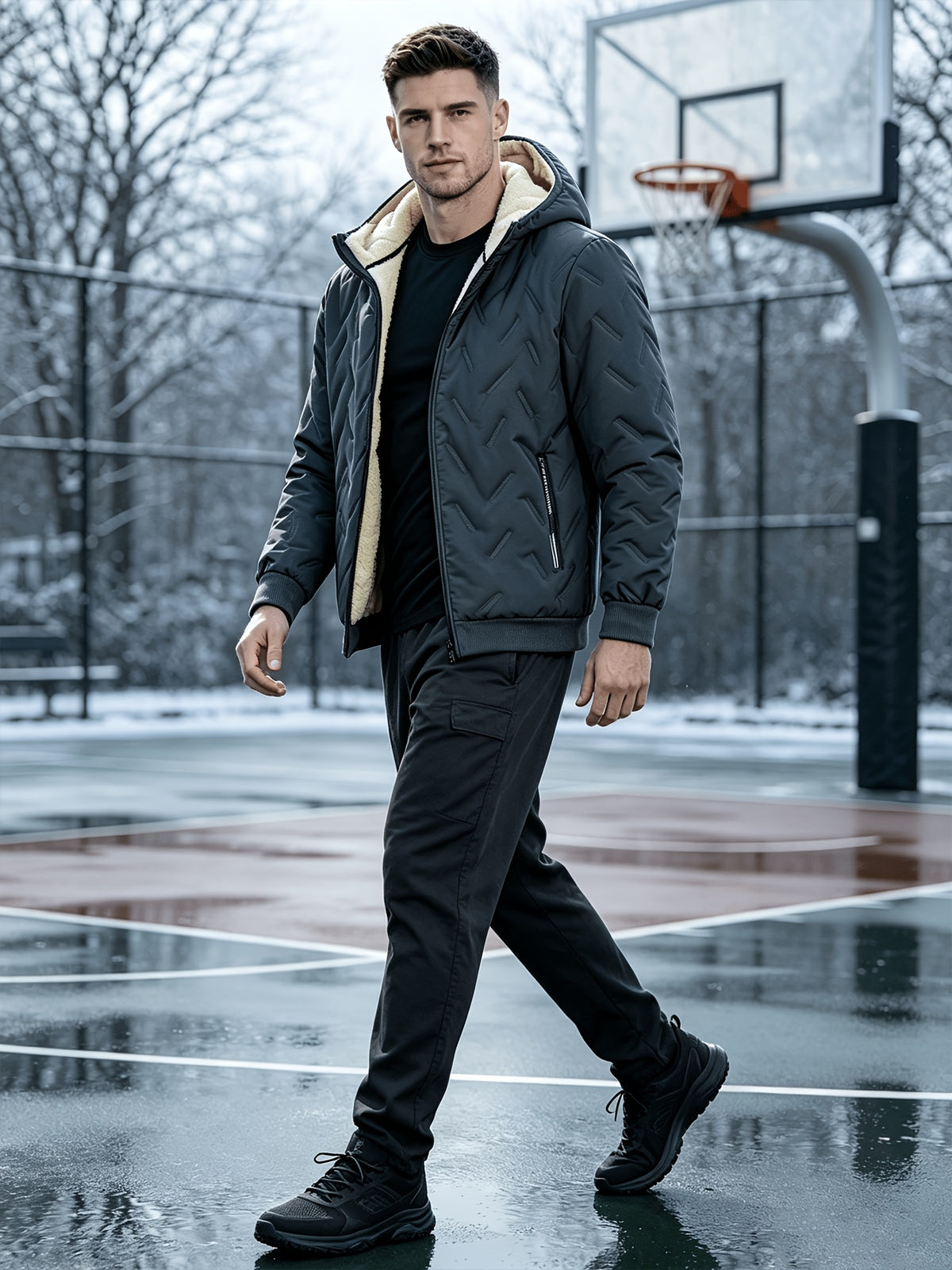 Veste matelassée pour homme, polaire, à capuche, gris