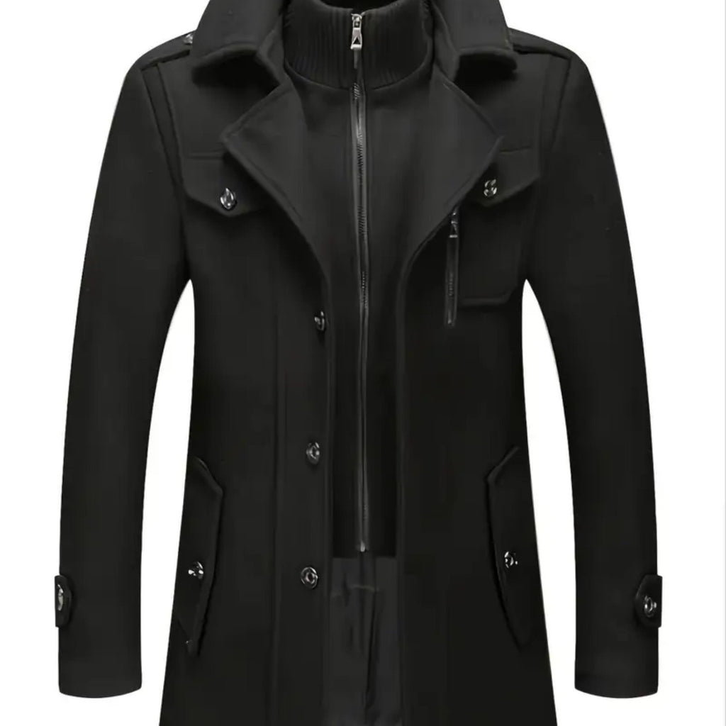 Manteau en laine mi-long, 30 % laine, double col, coloris noir