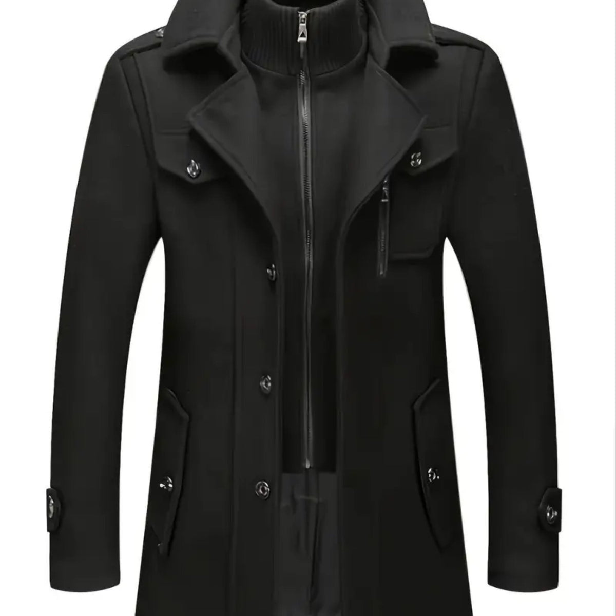 Manteau en laine mi-long, 30 % laine, double col, coloris noir Image