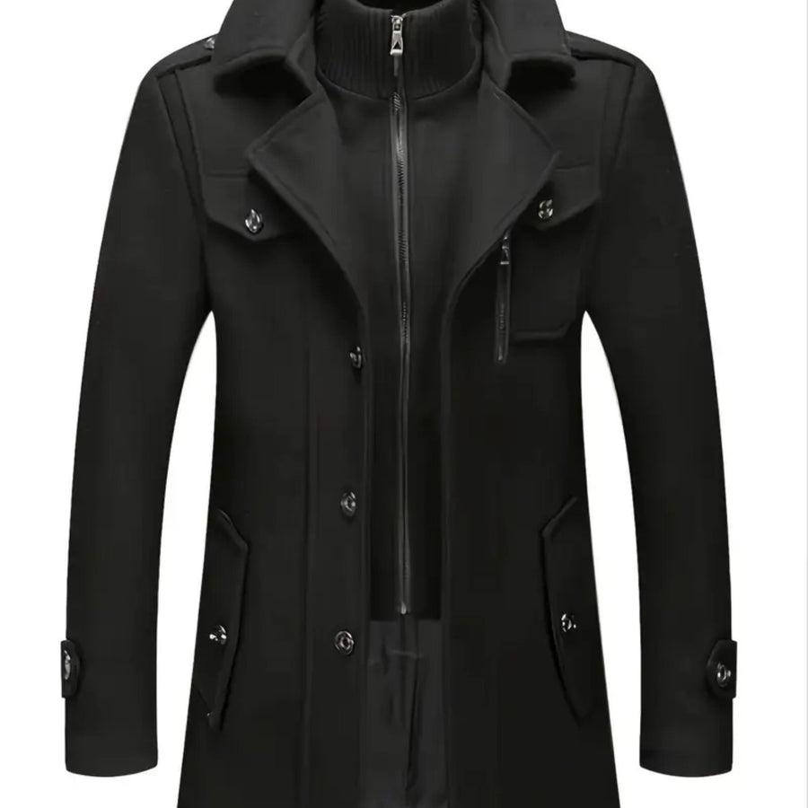 Manteau en laine mi-long, 30 % laine, double col, coloris noir