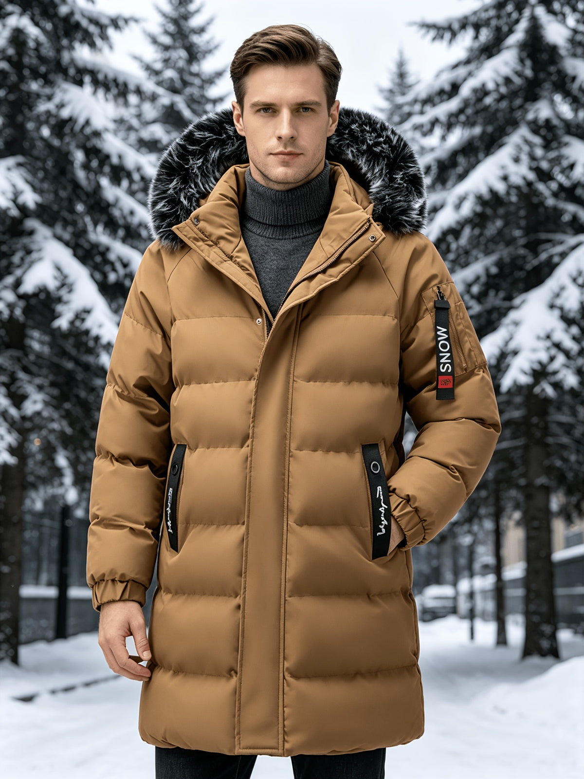 Manteau matelassé pour homme, capuche amovible, col montant