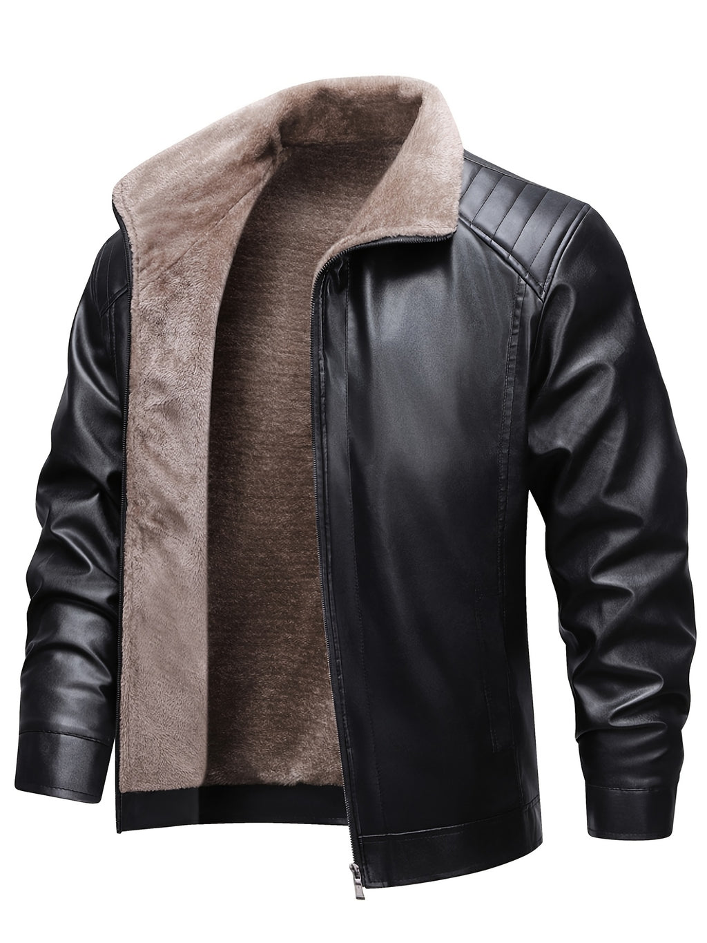 Veste en cuir PU, polaire, à revers, noir, photo 3