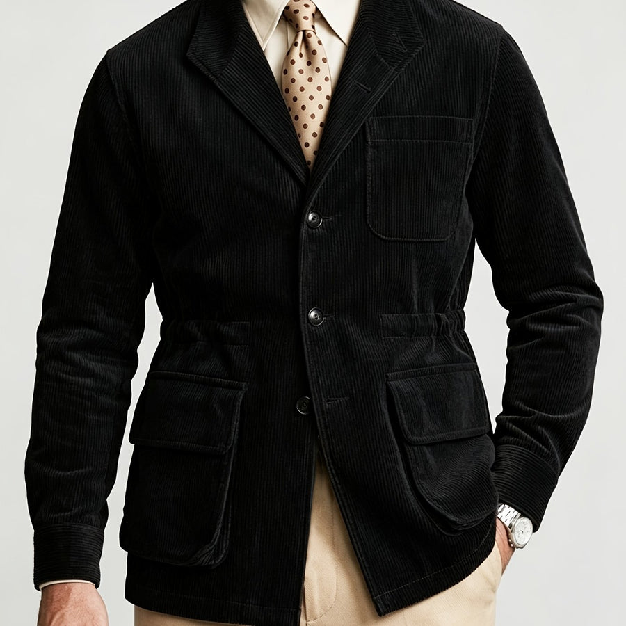 Veste longue, velours côtelé, à col montant, coloris noir