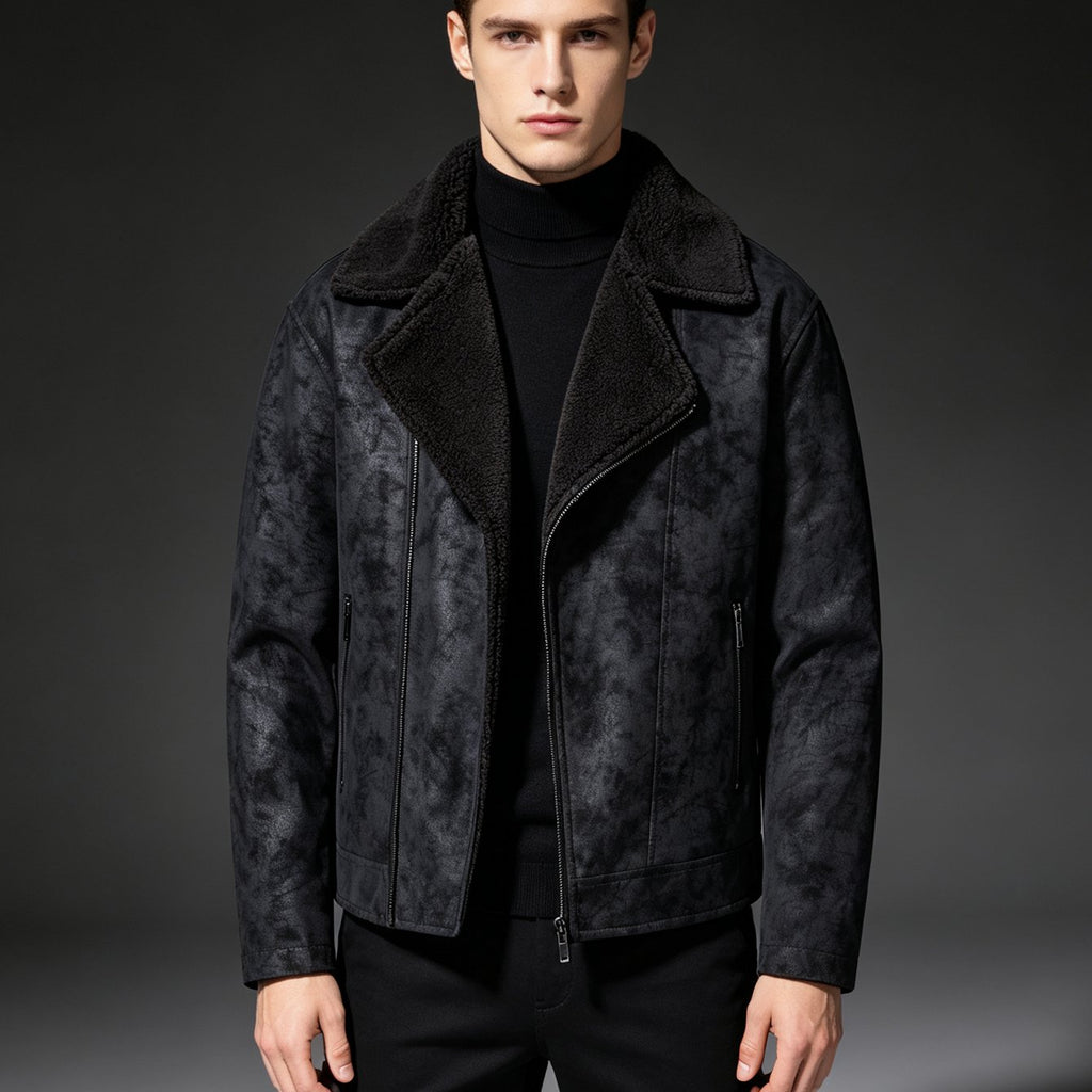 Veste de moto asymétrique avec fermeture éclair et col à revers duveteux, manteau streetwear tendance, coloris noir