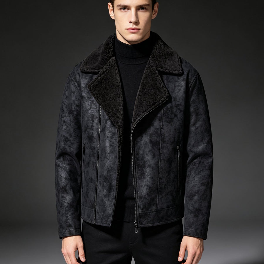 Veste de moto asymétrique avec fermeture éclair et col à revers duveteux, manteau streetwear tendance, coloris noir