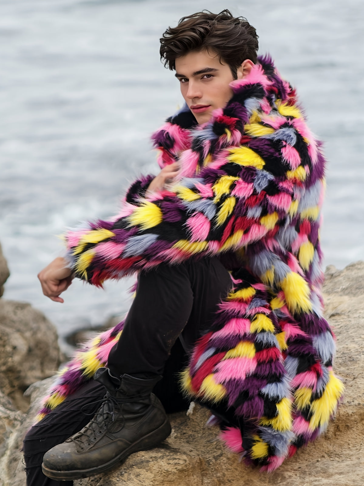 Manteau en fausse fourrure pour homme, grandes tailles, à revers