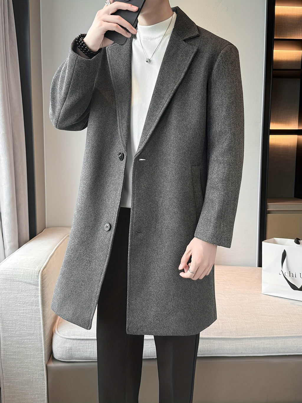 Trench mi-long pour homme, à revers, café