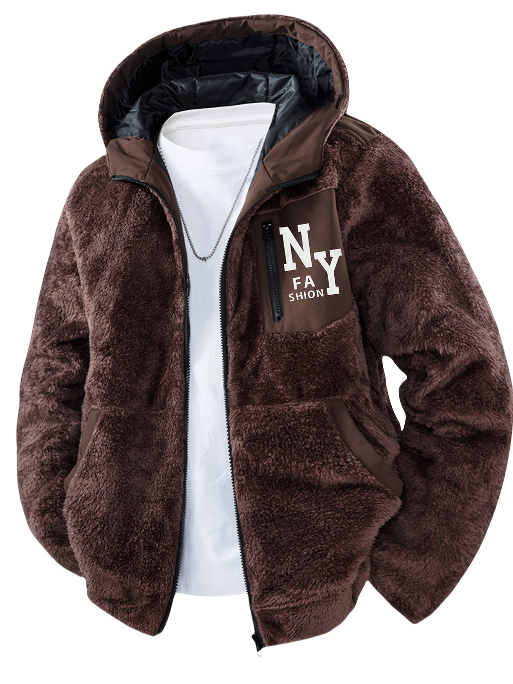 Veste en fausse fourrure pour homme, à capuche, kaki