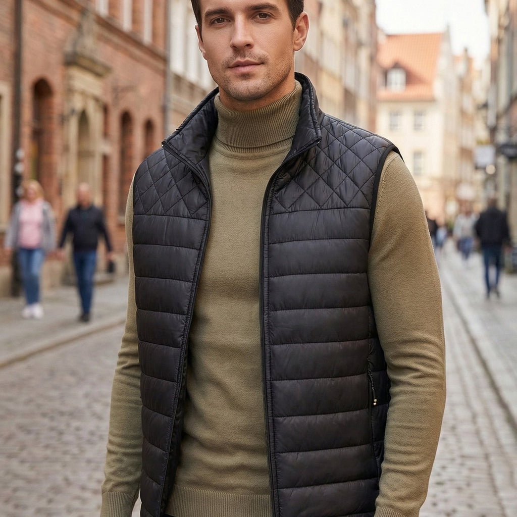 Gilet Homme Couleur Unie Col Montant, Cardigan Léger Sans Manches Automne Hiver, Veste Matelassée Décontractée pour les Trajets Quotidiens, Adaptable à Toute Occasion, coloris noir