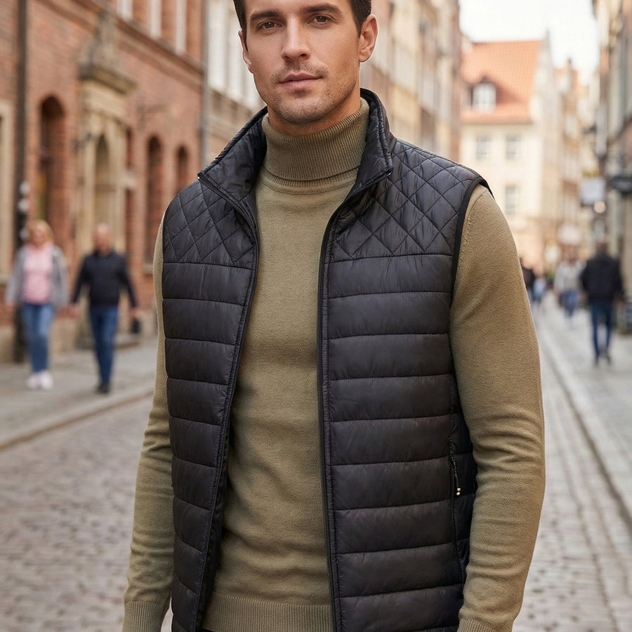 Gilet Homme Couleur Unie Col Montant, Cardigan Léger Sans Manches Automne Hiver, Veste Matelassée Décontractée pour les Trajets Quotidiens, Adaptable à Toute Occasion, coloris noir