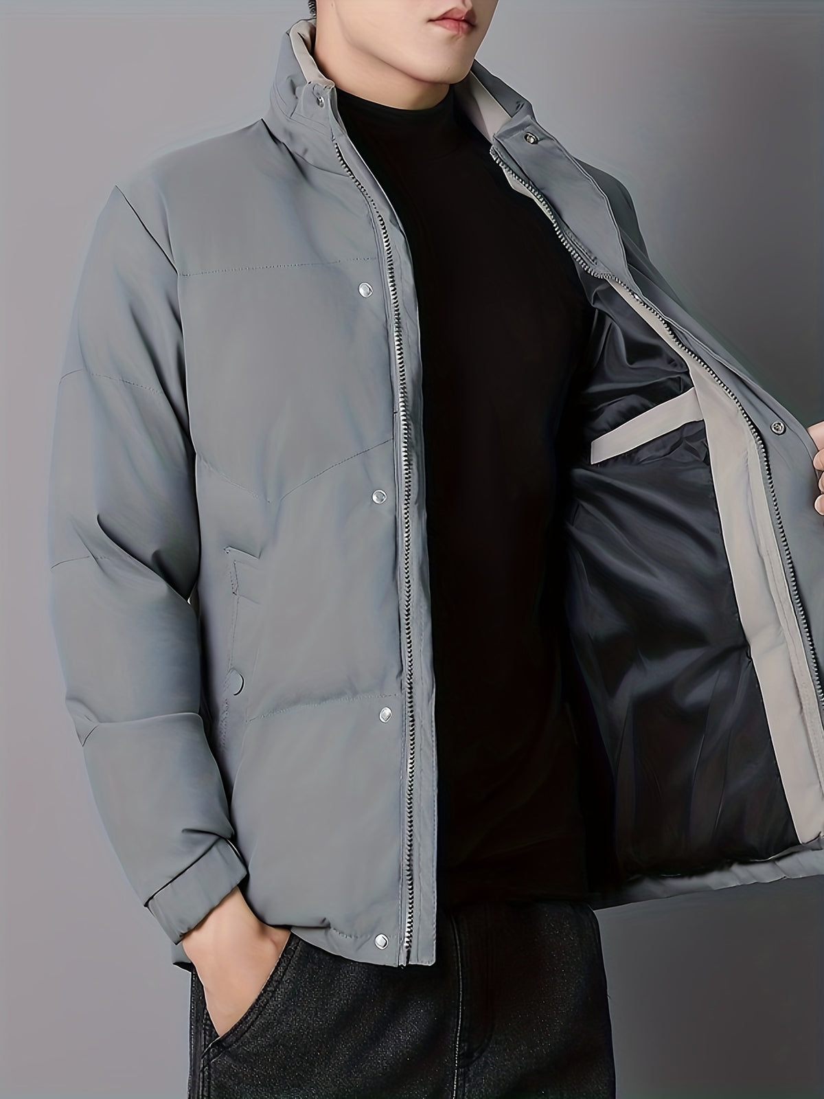 Manteau matelassé pour homme, coupe-vent, à col montant, noir
