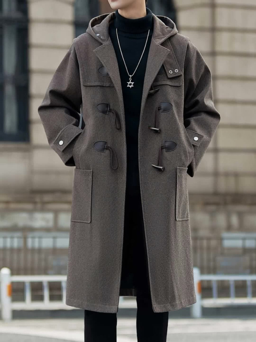 Trench long pour homme, à capuche, café