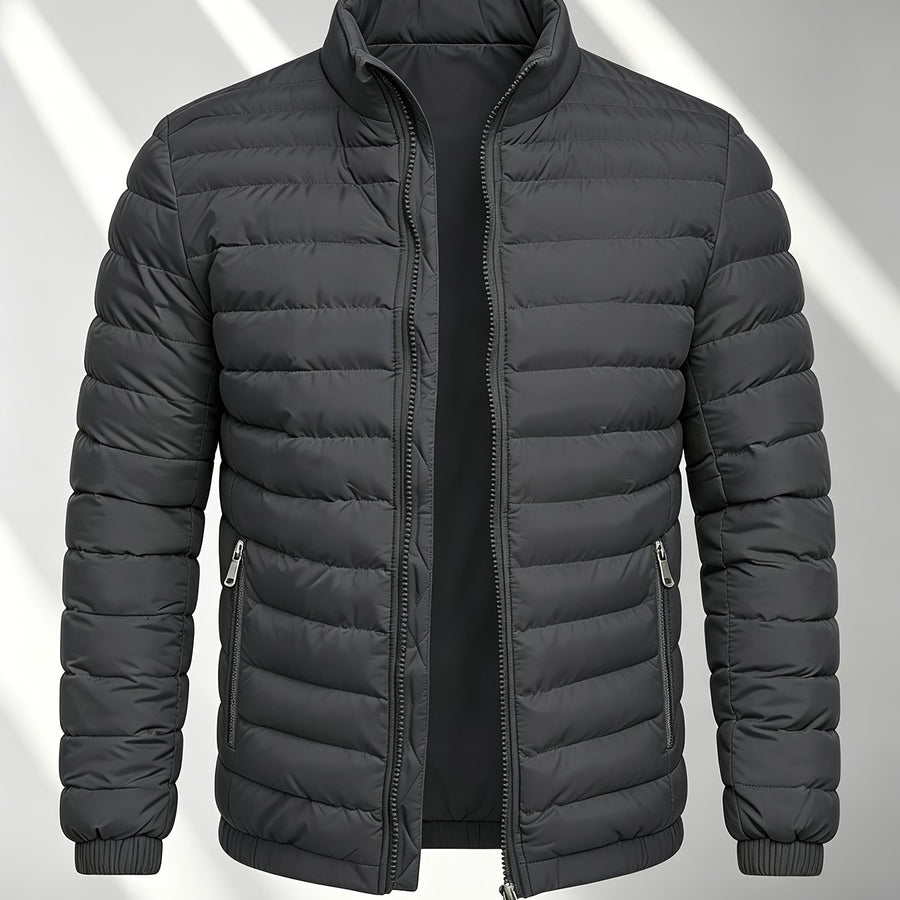 Veste, coupe-vent, à col montant, coloris gris foncé, détail