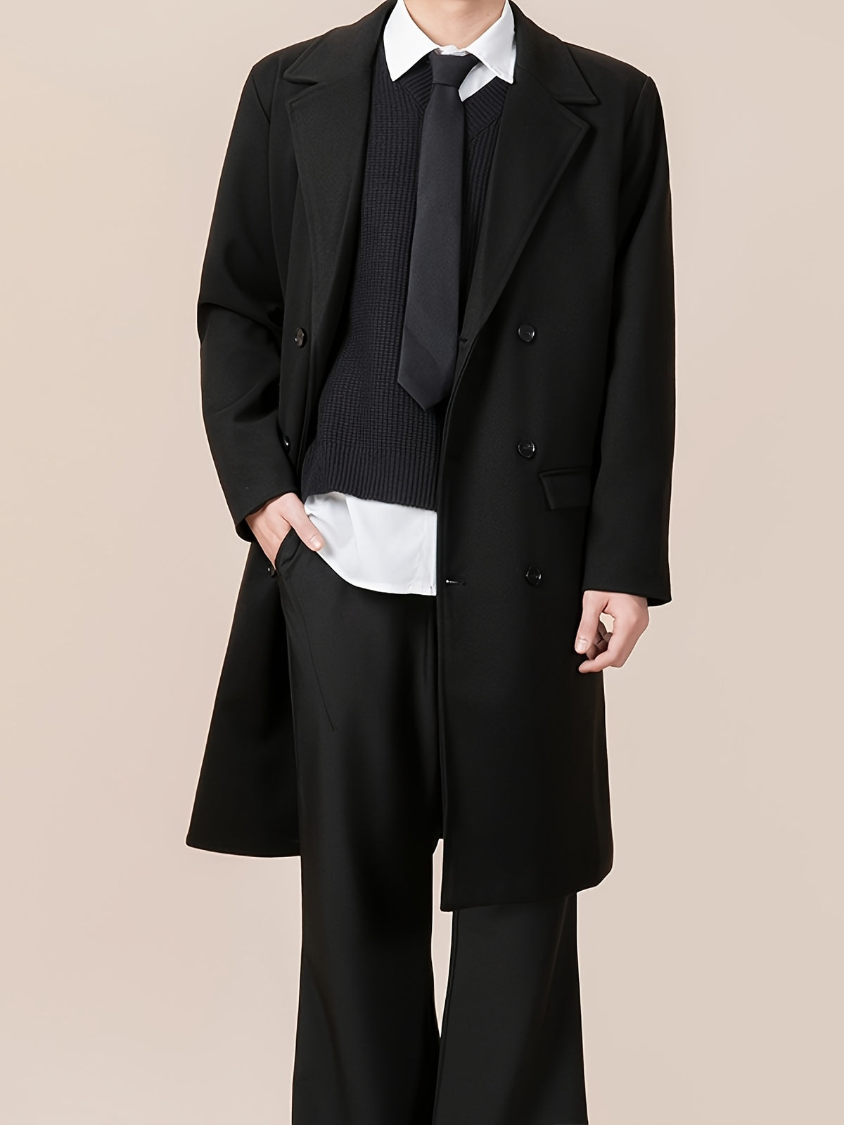 Trench pour homme, tweed, à revers, gris foncé