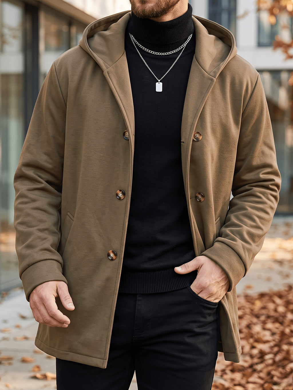 Manteau long pour homme, à capuche, kaki