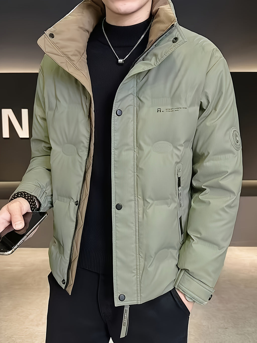 Manteau pour homme, à col montant, gris clair