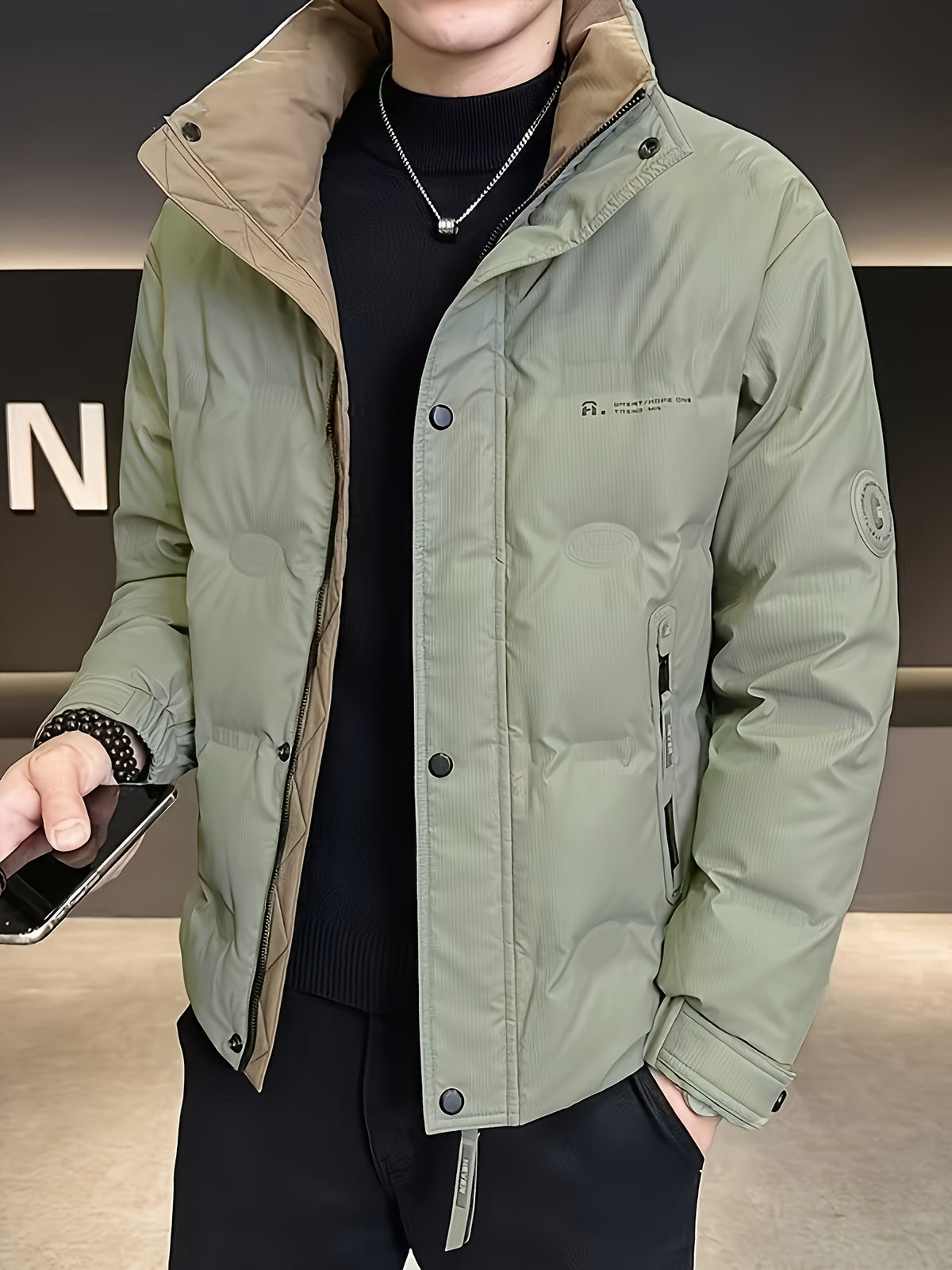 Manteau pour homme, à col montant, gris clair