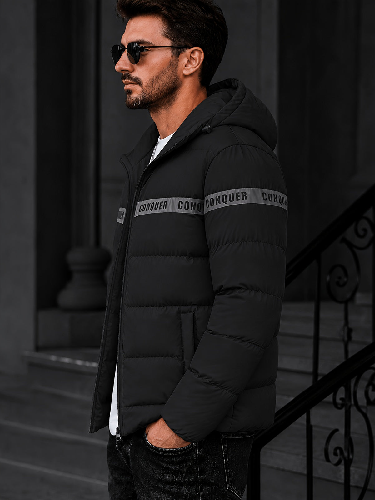 Manteau matelassé pour homme, à capuche, bleu foncé