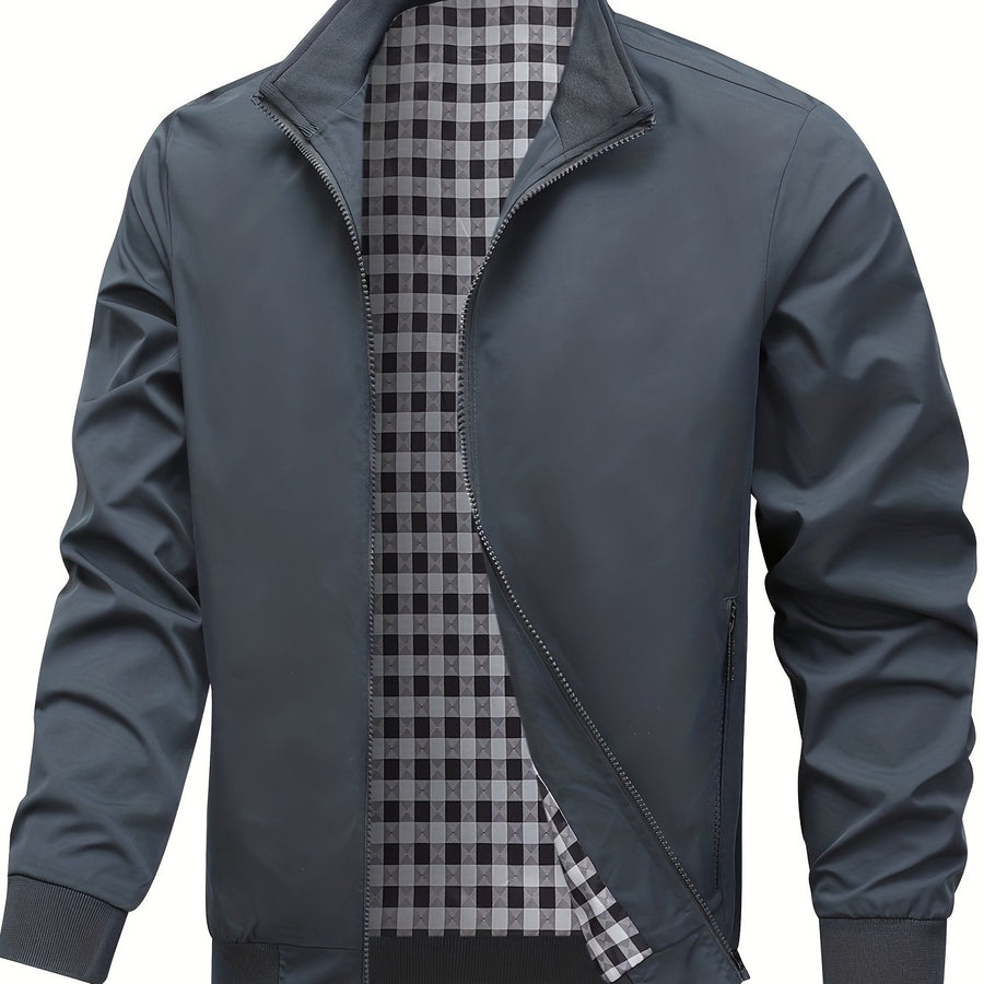 Veste, à carreaux, à col montant, noir, coloris couleur graphite