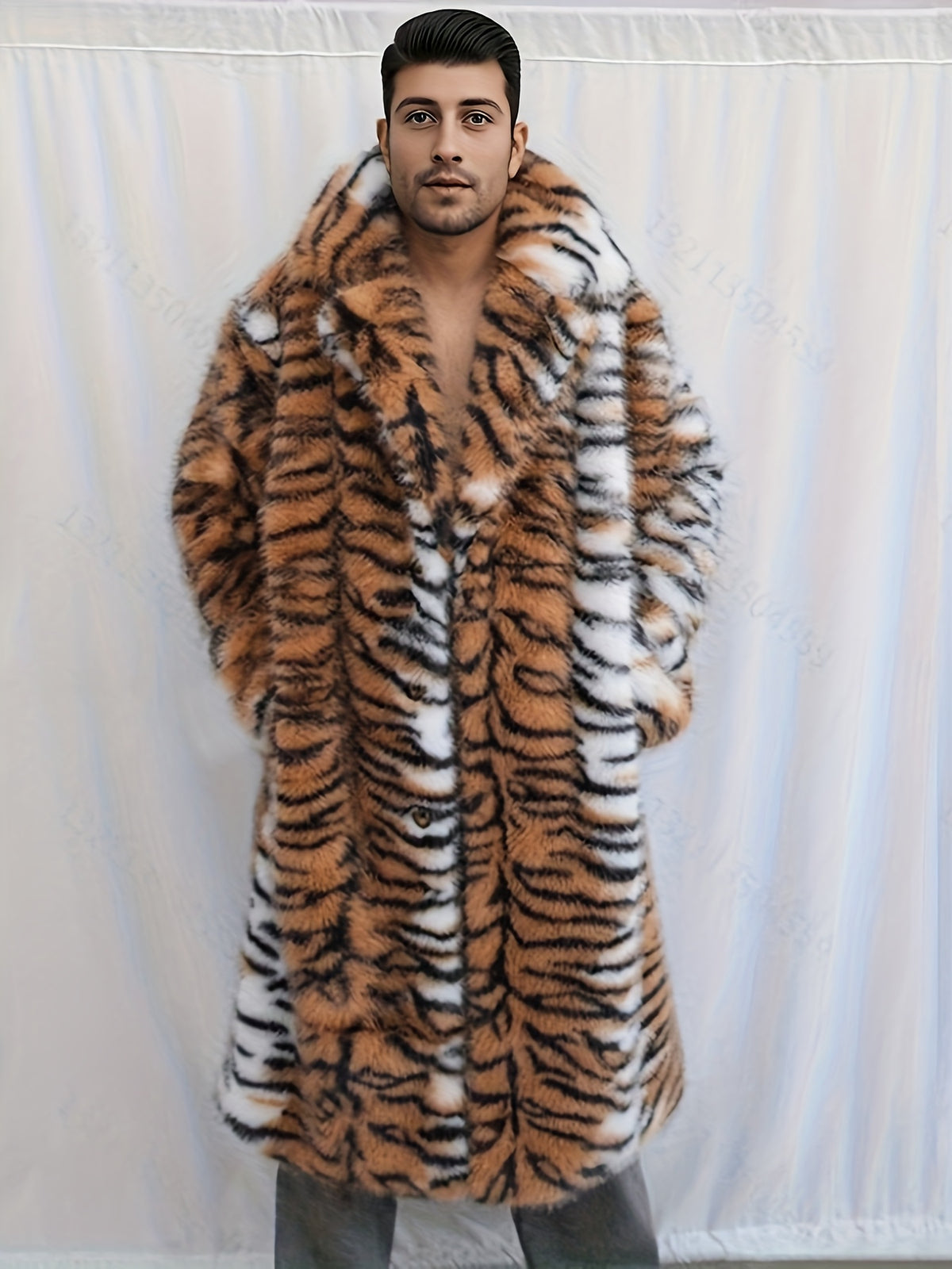 Manteau en fausse fourrure long pour homme, à revers, long