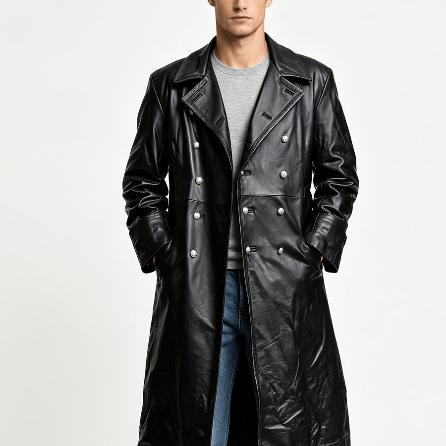 Manteau long, coupe-vent, à revers, coloris noir