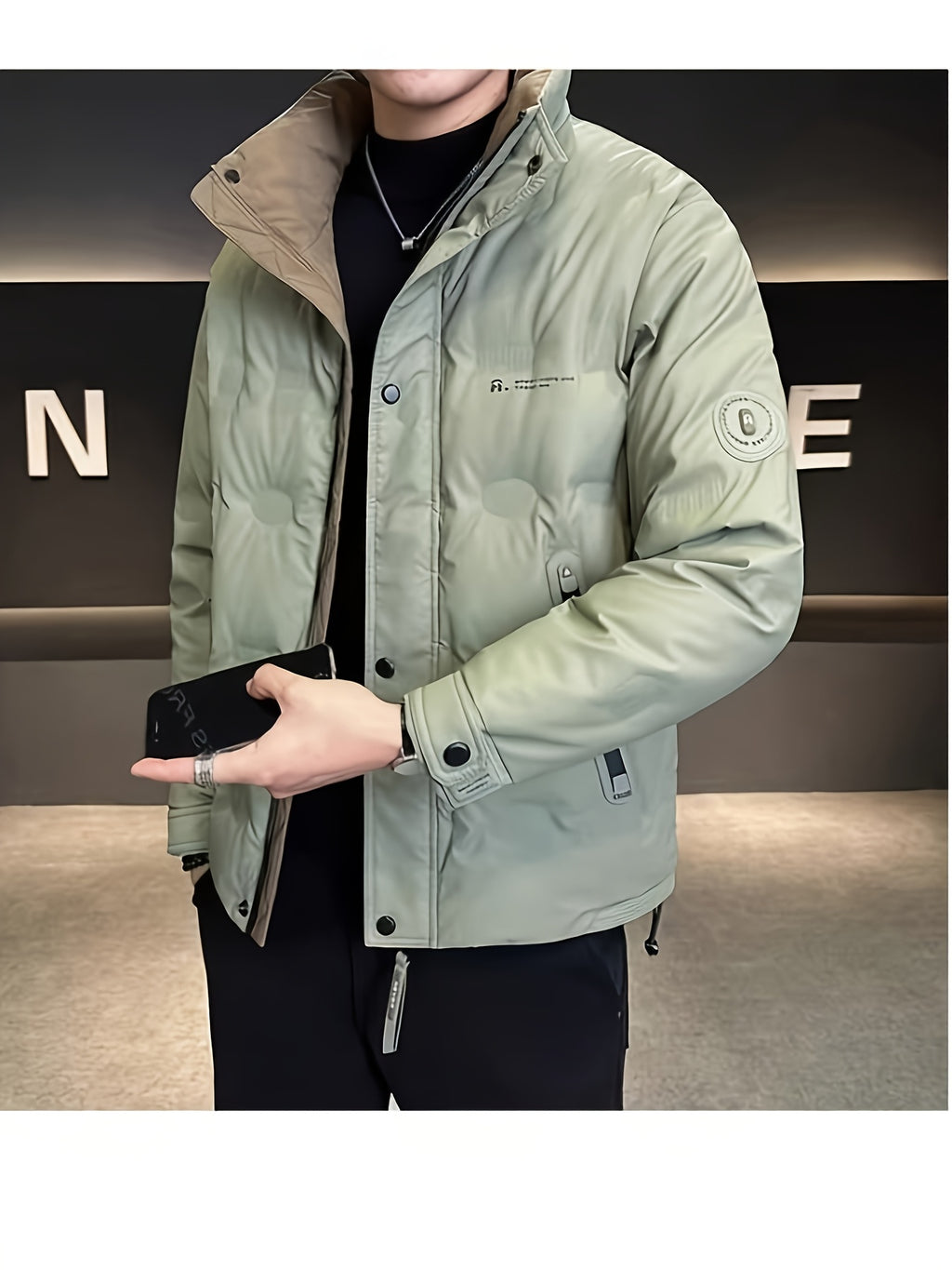 Manteau pour homme, à col montant, gris clair