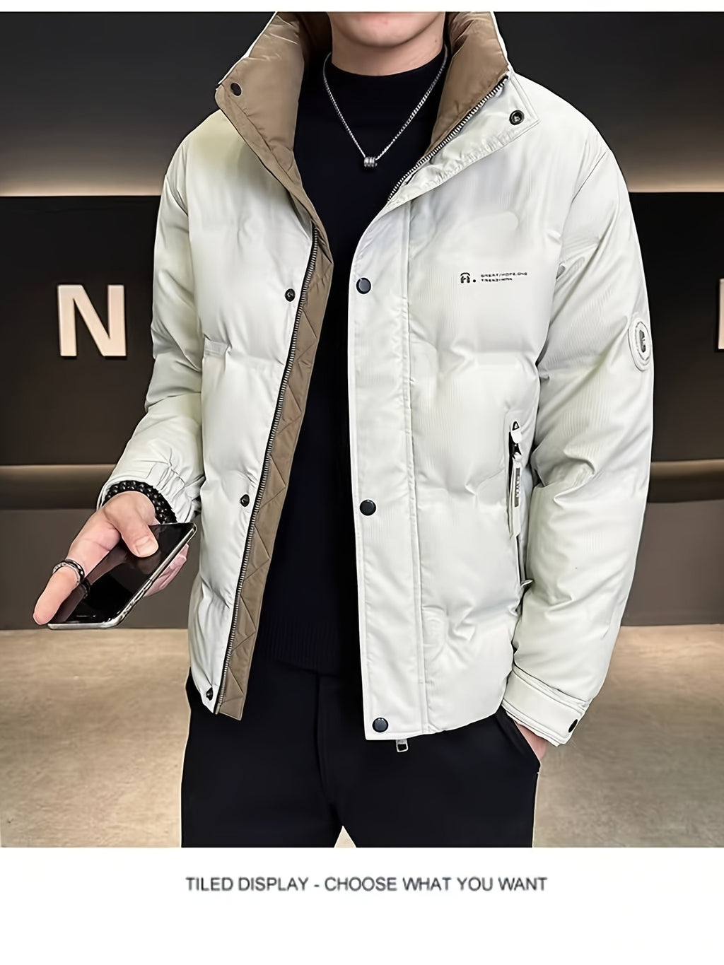 Manteau pour homme, à col montant, gris clair