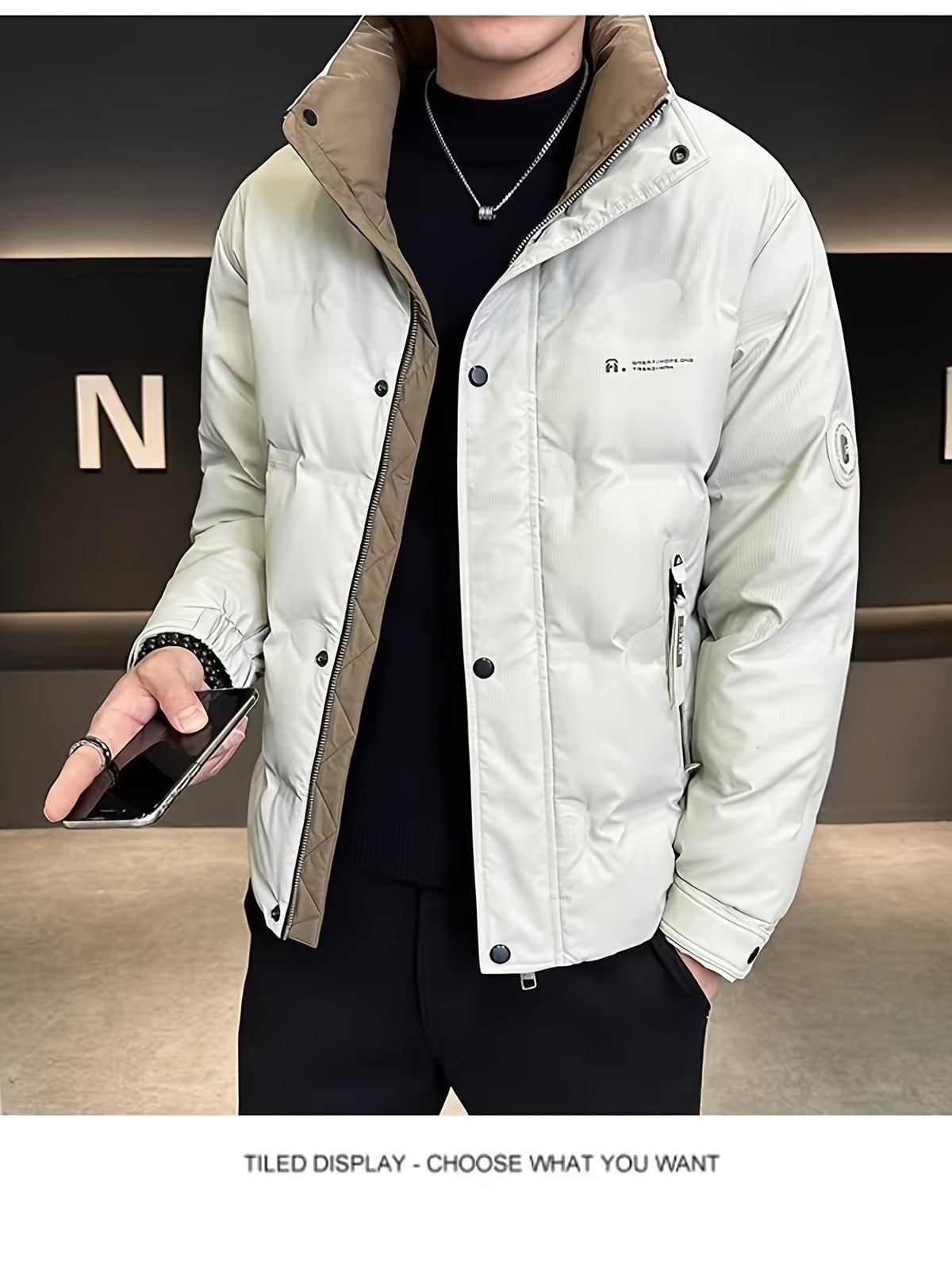 Manteau pour homme, à col montant, gris clair