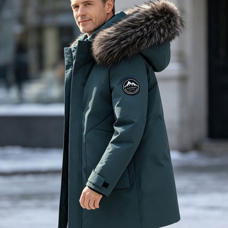 Parka matelassée, à capuche, coloris bleu vert, détail