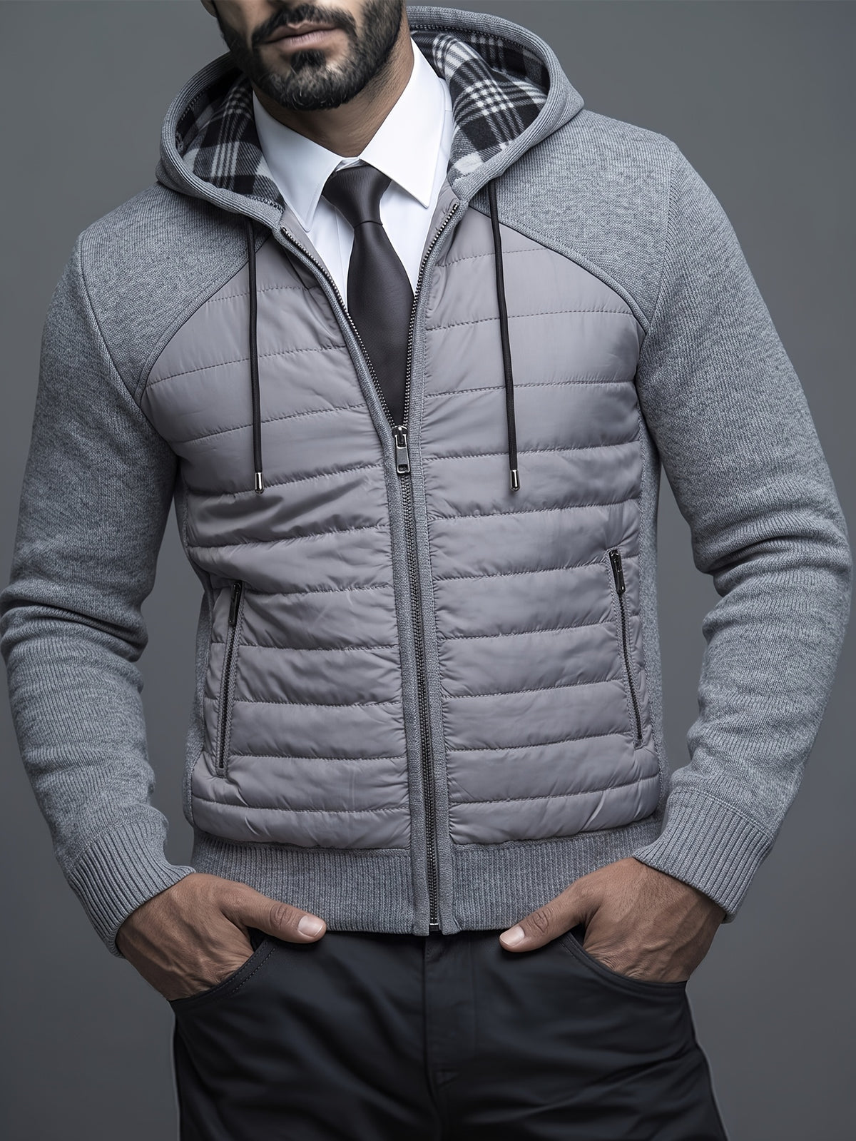 Manteau matelassé long pour homme, patchwork, à capuche