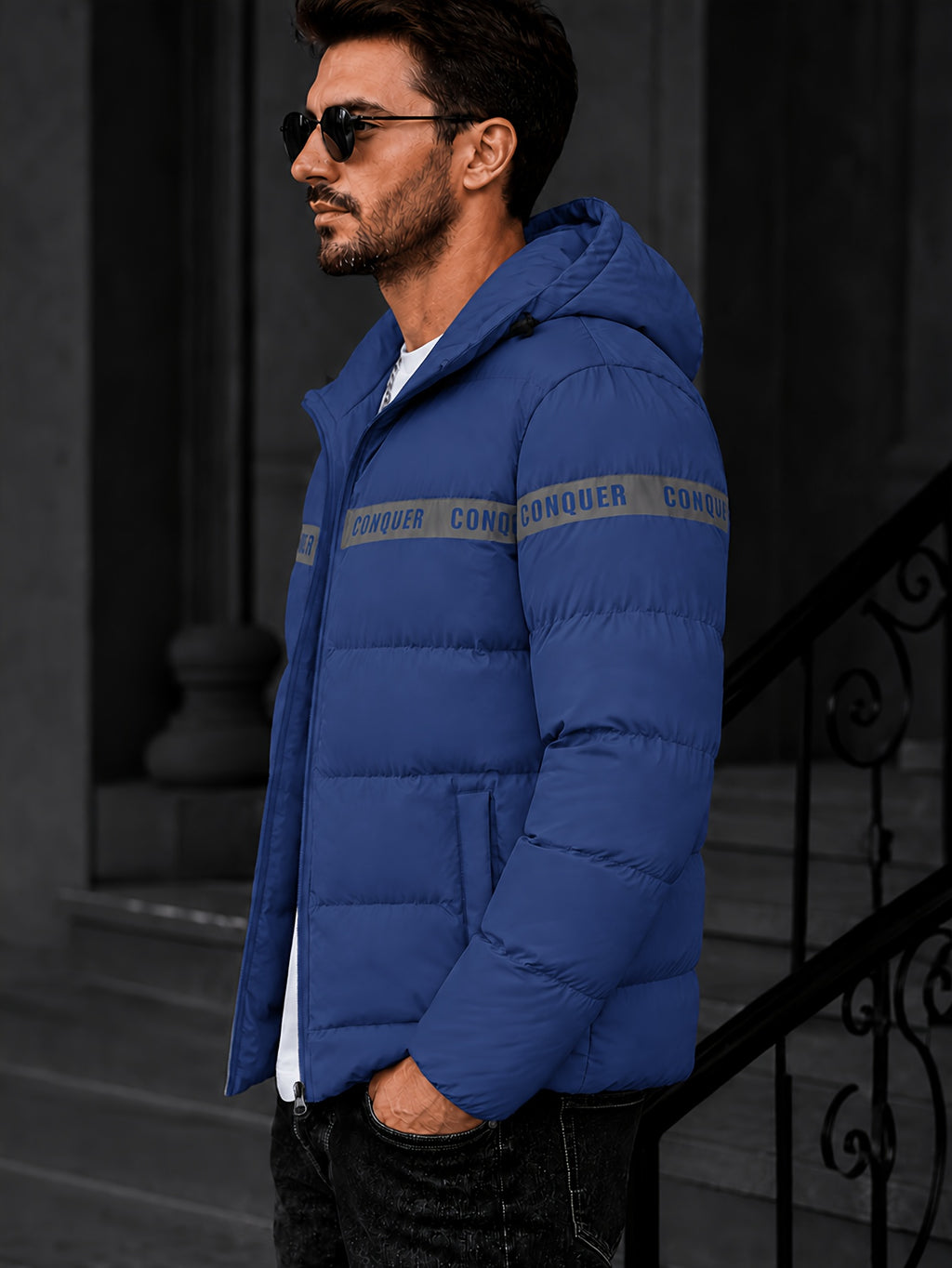 Manteau matelassé pour homme, à capuche, bleu foncé