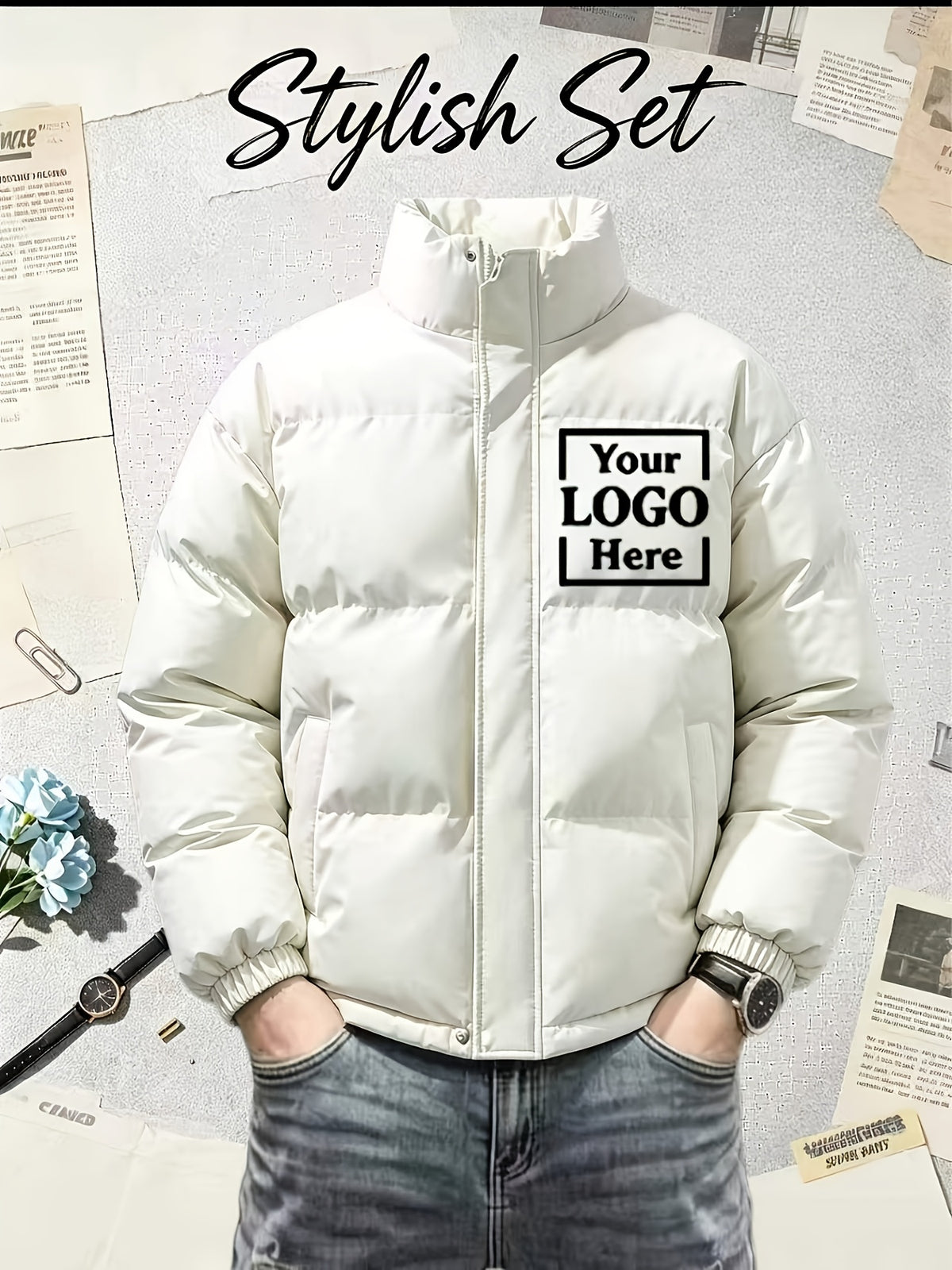 Veste matelassée pour homme, à col montant, beige