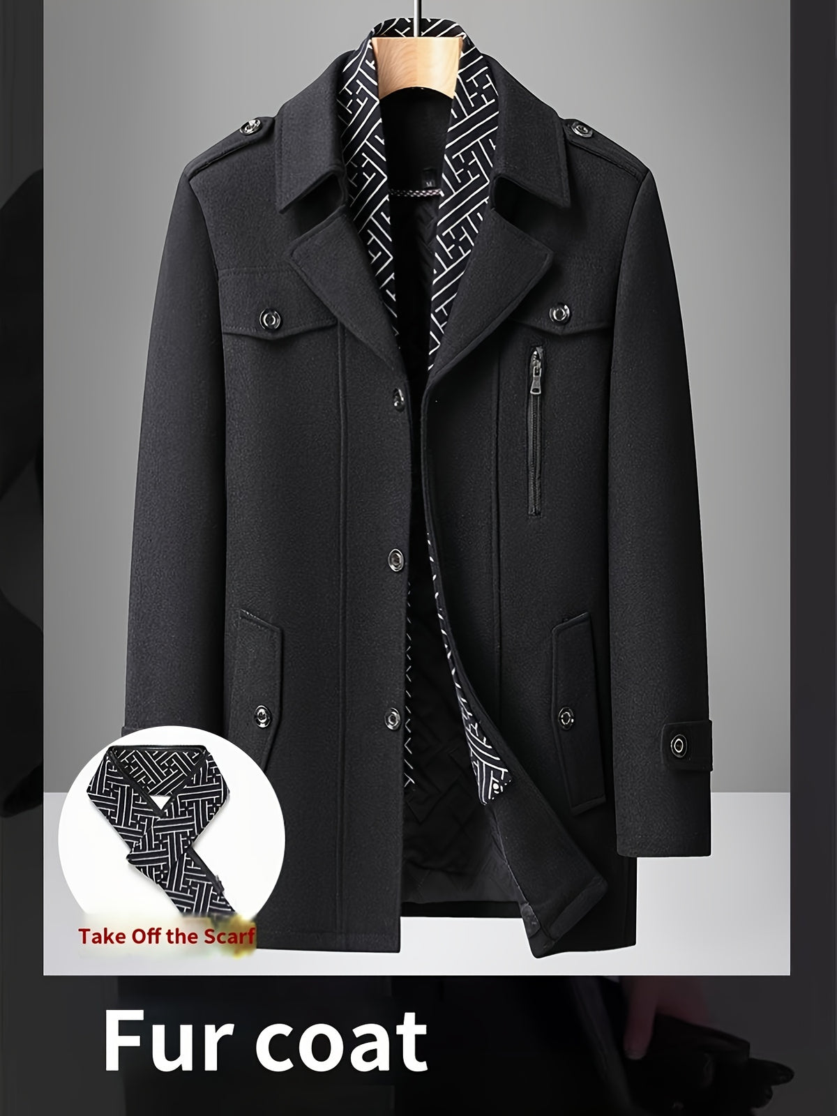 Manteau trench en tweed pour homme, 30 % laine, col écharpe détachable