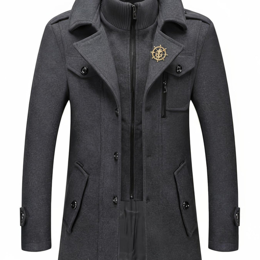 Manteau mi-long en laine, double col, fermeture éclair, coloris gris foncé
